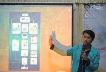 Seorang mahasiswa IMM FKIP UMS berjas almamater biru memegang mikrofon saat memaparkan diagram alir sistem teknologi ketangguhan banjir Kalibuntung Resilien lewat layar proyektor.