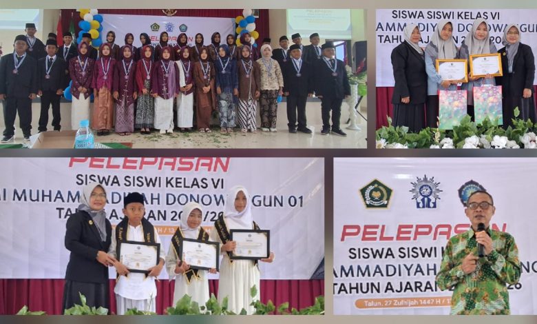 Kolase foto acara pelepasan siswa kelas VI MI Muhammadiyah Donowangun 01 Pekalongan tahun ajaran 2025/2026 yang dimeriahkan dengan prosesi wisuda dan penyerahan penghargaan.