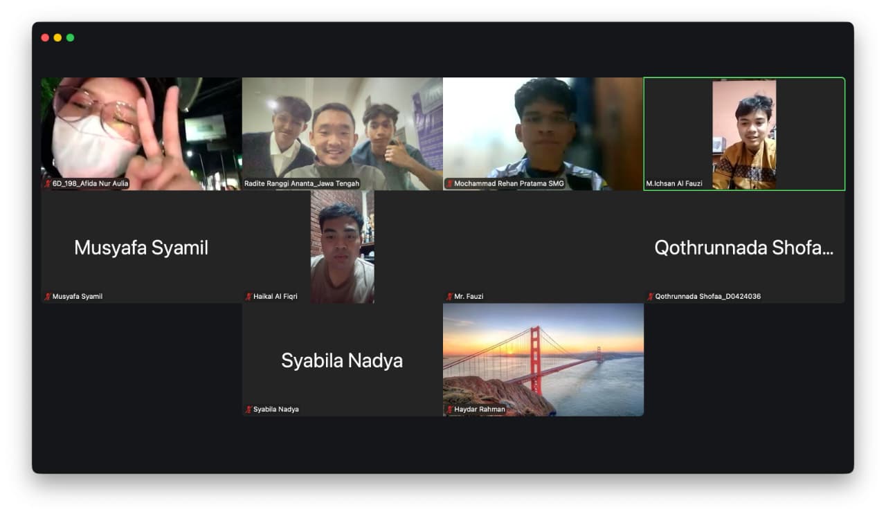 Tangkapan layar ruang pertemuan virtual Zoom rapat persiapan konferensi internasional ICOS 2026 bersama pengurus IYORC termasuk Musyafa Syamil, Radite Ranggi, dan Ichsan Al-Fauzi.