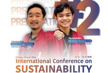 Poster persiapan International Conference on Sustainability ICOS 2026 menampilkan narasumber Radite Ranggi Ananta dan M. Ichsan Al-Fauzi dari IYORC mengenakan jas almamater merah.