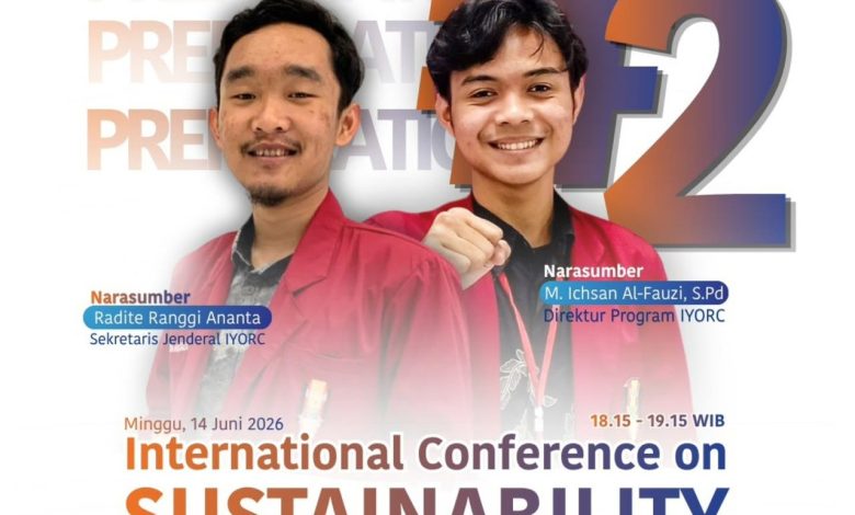 Poster persiapan International Conference on Sustainability ICOS 2026 menampilkan narasumber Radite Ranggi Ananta dan M. Ichsan Al-Fauzi dari IYORC mengenakan jas almamater merah.
