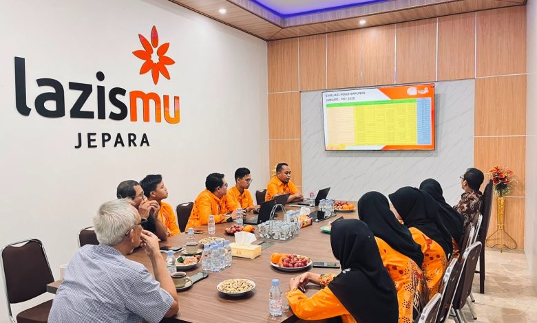 Suasana rapat evaluasi target tahunan dengan sistem Pengelolaan Filantropi Lazismu Jepara bersama pimpinan di dalam ruang pertemuan.