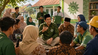 Kelompok mubaligh dan kader Muhammadiyah berdiskusi santai di lingkungan sekolah dengan pekerja lapangan, menampilkan dakwah kultural yang inklusif dan membumi.