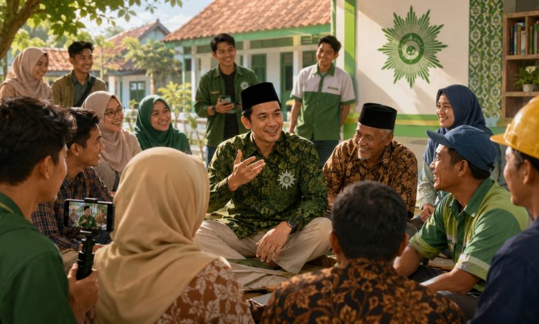 Kelompok mubaligh dan kader Muhammadiyah berdiskusi santai di lingkungan sekolah dengan pekerja lapangan, menampilkan dakwah kultural yang inklusif dan membumi.