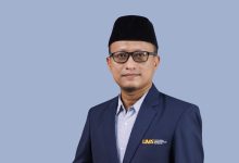 Foto profil Dr. Ainur Rha’in, S.Th.I., M.Th.I., Dosen FAI UMS, mengenakan jas biru UMS dan peci hitam, tersenyum ramah dengan latar belakang abu-abu lavender.