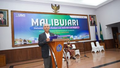 Rektor Universitas Muhammadiyah Surakarta memberikan sambutan di podium pada acara pelepasan mahasiswa beasiswa Malibujari.
