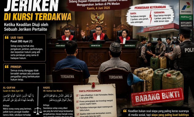 Infografis sidang kasus dugaan pembelian BBM subsidi Pertalite menggunakan jeriken di PN Medan, menampilkan suasana ruang sidang dengan tiga majelis hakim, dua terdakwa, barang bukti beberapa jeriken plastik, dan kutipan dalil hukum serta agama.