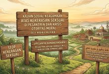Ilustrasi digital kompleks pesantren di perbukitan dengan papan kayu berisi kutipan kajian sosial-keagamaan tentang kekerasan seksual di pesantren, krisis otoritas moral oleh Nashrul Mu'minin, tagar #PesantrenAmanDanDamai, serta hadis riwayat Ahmad tentang menolak kemaksiatan.