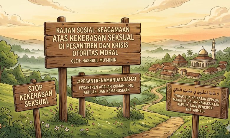 Ilustrasi digital kompleks pesantren di perbukitan dengan papan kayu berisi kutipan kajian sosial-keagamaan tentang kekerasan seksual di pesantren, krisis otoritas moral oleh Nashrul Mu'minin, tagar #PesantrenAmanDanDamai, serta hadis riwayat Ahmad tentang menolak kemaksiatan.