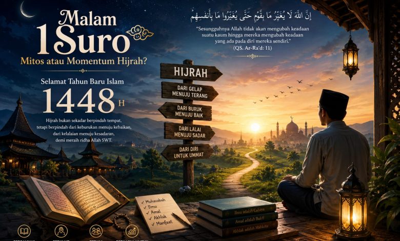 Ilustrasi seorang pria muslim bermuhasabah memandang masjid saat matahari terbit, dengan teks Malam 1 Suro Mitos atau Momentum Hijrah Selamat Tahun Baru Islam 1448 H dan kutipan QS Ar-Ra'd ayat 11.