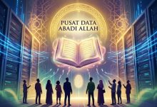 Ilustrasi konseptual Al-Qur'an bercahaya emas melayang di antara barisan server data center modern dengan latar belakang motif Islami dan siluet orang memperhatikan simbol sidik jari biometrik.