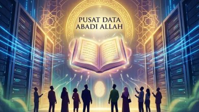 Ilustrasi konseptual Al-Qur'an bercahaya emas melayang di antara barisan server data center modern dengan latar belakang motif Islami dan siluet orang memperhatikan simbol sidik jari biometrik.