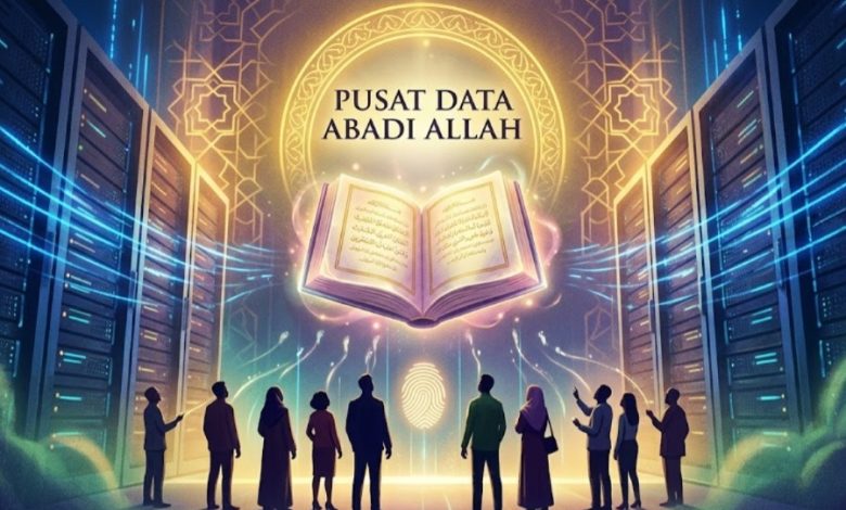 Ilustrasi konseptual Al-Qur'an bercahaya emas melayang di antara barisan server data center modern dengan latar belakang motif Islami dan siluet orang memperhatikan simbol sidik jari biometrik.