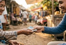 Momen tangan seorang pemuda bersedekah uang tunai kepada wanita lansia di pasar tradisional dengan penuh keikhlasan