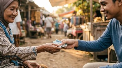 Momen tangan seorang pemuda bersedekah uang tunai kepada wanita lansia di pasar tradisional dengan penuh keikhlasan