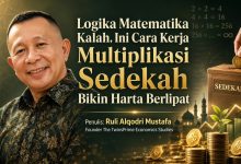 Banner infografis artikel Ruli Alqodri Mustafa mengenai konsep multiplikasi sedekah dengan latar belakang koin emas grafik pertumbuhan ekonomi dan siluet masjid
