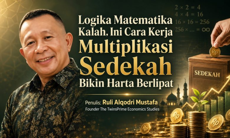 Banner infografis artikel Ruli Alqodri Mustafa mengenai konsep multiplikasi sedekah dengan latar belakang koin emas grafik pertumbuhan ekonomi dan siluet masjid