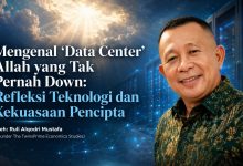 Banner artikel Mengenal Data Center Allah yang Tak Pernah Down menampilkan foto potret Ruli Alqodri Mustafa mengenakan kemeja batik hijau dengan latar belakang langit berawan cerah berbalut infrastruktur server komputasi awan biru.