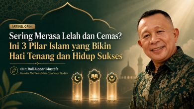 Gambar artikel opini Ruli Alqodri Mustafa tentang cara mengatasi hati gelisah dalam islam melalui 3 pilar sukses: iman, ilmu, dan amal, lengkap dengan latar masjid.