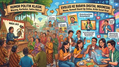 Ilustrasi fenomena meme politik di media sosial sebagai bentuk evolusi budaya digital Indonesia dari humor politik klasik wayang ke era digital.