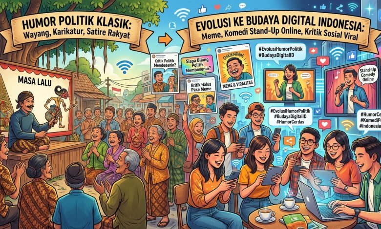 Ilustrasi fenomena meme politik di media sosial sebagai bentuk evolusi budaya digital Indonesia dari humor politik klasik wayang ke era digital.