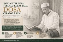 Infografis nasihat Islami bertema jangan menertawakan dosa orang lain, menampilkan ilustrasi pria berpeci membaca Al-Qur'an dengan latar belakang masjid.