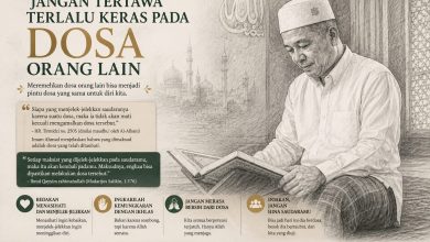 Infografis nasihat Islami bertema jangan menertawakan dosa orang lain, menampilkan ilustrasi pria berpeci membaca Al-Qur'an dengan latar belakang masjid.