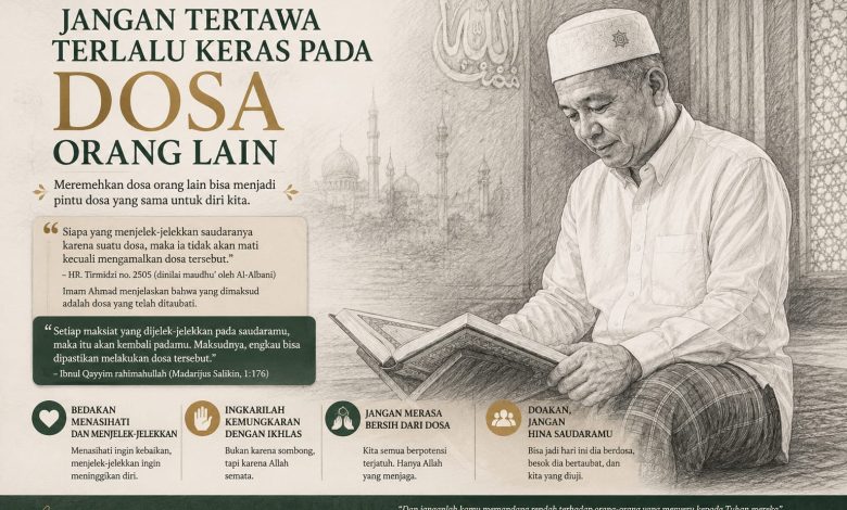 Infografis nasihat Islami bertema jangan menertawakan dosa orang lain, menampilkan ilustrasi pria berpeci membaca Al-Qur'an dengan latar belakang masjid.