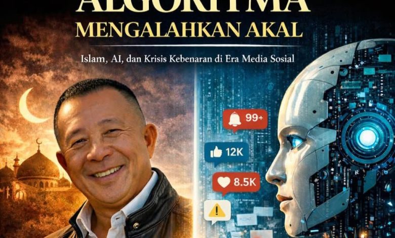 Ilustrasi dampak AI dan algoritma media sosial terhadap akal sehat dengan potret Ruli Mustafa, latar belakang masjid, dan wajah robot kecerdasan buatan.