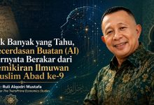 lustrasi berita dengan foto Ruli Alqodri Mustafa dan teks tentang sejarah Kecerdasan Buatan (AI) yang berakar dari pemikiran ilmuwan Muslim abad ke-9, menampilkan visual naskah kuno dan siluet kepala AI berarsitektur sirkuit digital.
