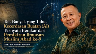 lustrasi berita dengan foto Ruli Alqodri Mustafa dan teks tentang sejarah Kecerdasan Buatan (AI) yang berakar dari pemikiran ilmuwan Muslim abad ke-9, menampilkan visual naskah kuno dan siluet kepala AI berarsitektur sirkuit digital.