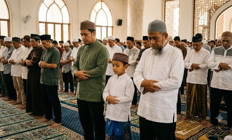 Seorang anak kecil sedang khusyuk shalat berjamaah di saf depan masjid bersama jamaah dewasa, menggambarkan hukum anak kecil di saf depan.