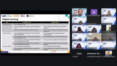 Tangkapan layar webinar Pendidikan Matematika UMS menampilkan slide materi model pembelajaran flip learning dalam inovasi pembelajaran era digital.