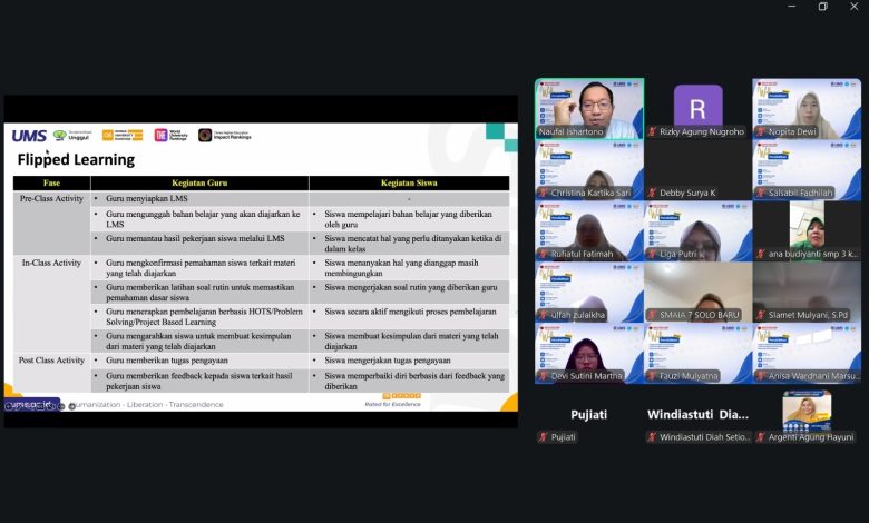 Tangkapan layar webinar Pendidikan Matematika UMS menampilkan slide materi model pembelajaran flip learning dalam inovasi pembelajaran era digital.