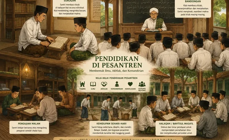 Infografis pendidikan di pesantren yang menjelaskan metode sorogan, bandongan, pengajian malam, halaqah bahtsull masail, dan nilai-nilai pesantren.