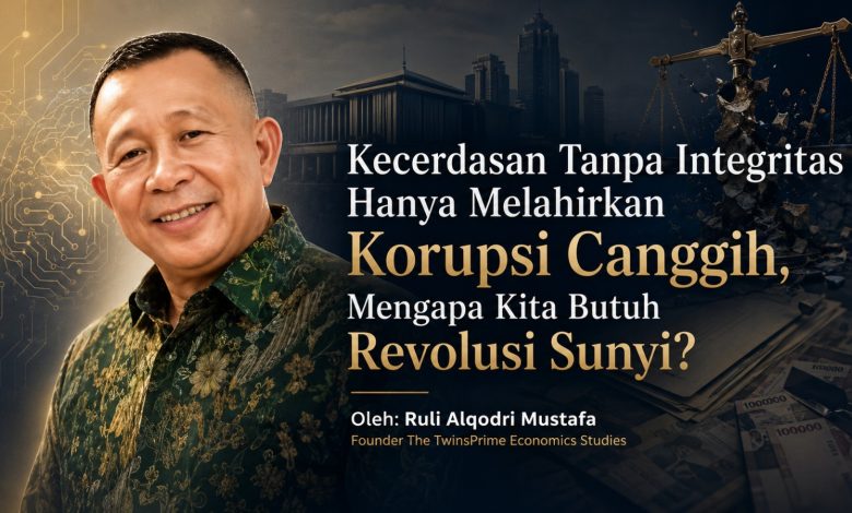 Feature image artikel opini tentang revolusi integritas, menampilkan potret tokoh pria dengan latar simbol kecerdasan, hukum, dan isu korupsi canggih.