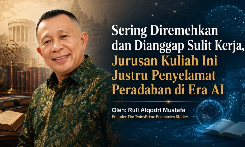 Ilustrasi artikel opini tentang jurusan kuliah humaniora sebagai penyelamat peradaban di era AI.