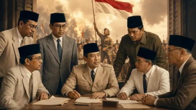 Ilustrasi para tokoh dan pejuang kemerdekaan Indonesia sedang berdiskusi merumuskan naskah kedaulatan dengan latar bendera Merah Putih.