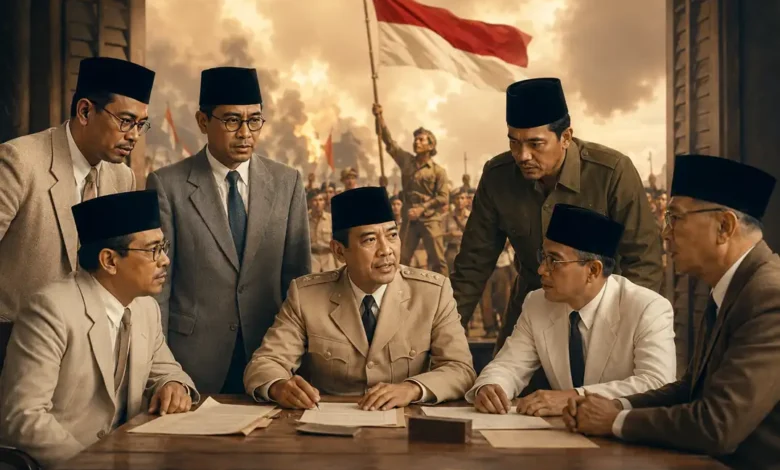 Ilustrasi para tokoh dan pejuang kemerdekaan Indonesia sedang berdiskusi merumuskan naskah kedaulatan dengan latar bendera Merah Putih.