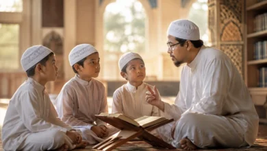 Seorang ustaz berkacamata duduk bersama tiga anak laki-laki Muslim yang mengenakan peci putih, menjelaskan isi Al-Qur'an terbuka di atas rehal kayu di dalam masjid.