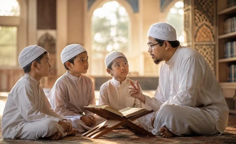 Seorang ustaz berkacamata duduk bersama tiga anak laki-laki Muslim yang mengenakan peci putih, menjelaskan isi Al-Qur'an terbuka di atas rehal kayu di dalam masjid.
