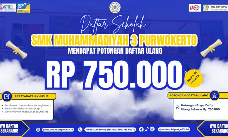 Banner promosi SPMB SMK Muhammadiyah 3 Purwokerto tahun ajaran baru, menampilkan informasi potongan biaya daftar ulang Rp 750.000 untuk 18 siswa baru berdomisili Karangklesem. Gambar ini juga mencantumkan logo SMK Pusat Keunggulan dan rincian kontak sekolah.