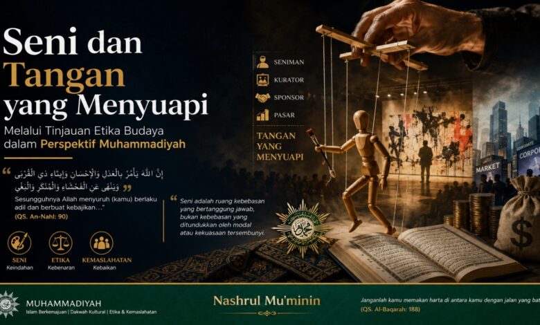 Ilustrasi esai etika budaya Muhammadiyah tentang otonomi seni, sponsor, dan kontrol modal