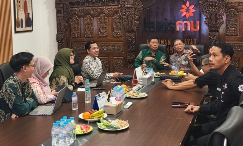 Sekelompok orang sedang melakukan pertemuan di ruang rapat yang dihiasi ukiran kayu tradisional dan logo Lazismu, dengan hidangan buah dan botol air di meja.Judul: Pertemuan Strategis Lazismu di Ruang Rapat Ukiran Kayu