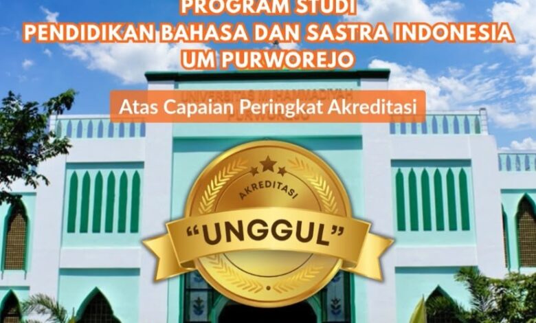 Gedung Universitas Muhammadiyah Purworejo dengan logo medali emas Akreditasi Unggul untuk Prodi PBSI UMPWR.
