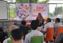 Suasana Rapat Evaluasi Kinerja LAZISMU Pekalongan semester pertama tahun 2026 yang menampilkan presentasi capaian dana zakat di depan para peserta rapat.
