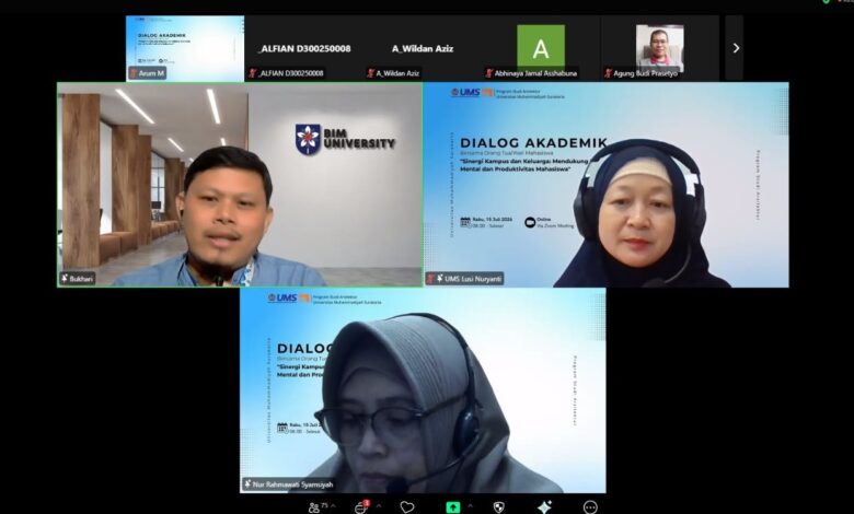 Tangkapan layar pertemuan online Zoom Workplace untuk Dialog Akademik Program Studi Arsitektur UMS. Gambar menunjukkan beberapa ubin video peserta dan panelis, termasuk tiga pembicara utama di baris tengah dan bawah. Salah satu panelis memiliki latar belakang bermerek "BIM UNIVERSITY". Panelis lain menggunakan latar belakang virtual yang menampilkan informasi acara: "DIALOG AKADEMIK Bersama Orang Tua/Wali Mahasiswa 'Sinergi Kampus dan Keluarga Mendukung Mental dan Produktivitas Mahasiswa'", logo UMS, dan tanggal Rabu, 15 Juli 2026. Antarmuka Zoom menampilkan kontrol seperti "Participants," "Chat," "Share Screen," "Leave," dan bilah pencarian Windows.