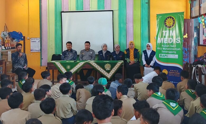 Siswa MI Muhammadiyah Klepu mengikuti edukasi pola hidup bersih dan cek kesehatan gratis dari RS PKU Muhammadiyah Temanggung.