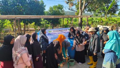 Dosen STEM Cilacap mendampingi ibu-ibu KWT Karangjengkol mempraktikkan cara membuat pupuk organik cair dari limbah kotoran hewan di sebuah tong plastik besar.