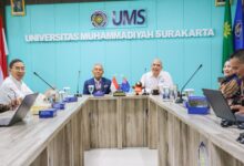 Suasana pertemuan resmi dan diskusi kerja sama di Universitas Muhammadiyah Surakarta UMS dengan latar bendera Indonesia dan Selandia Baru.